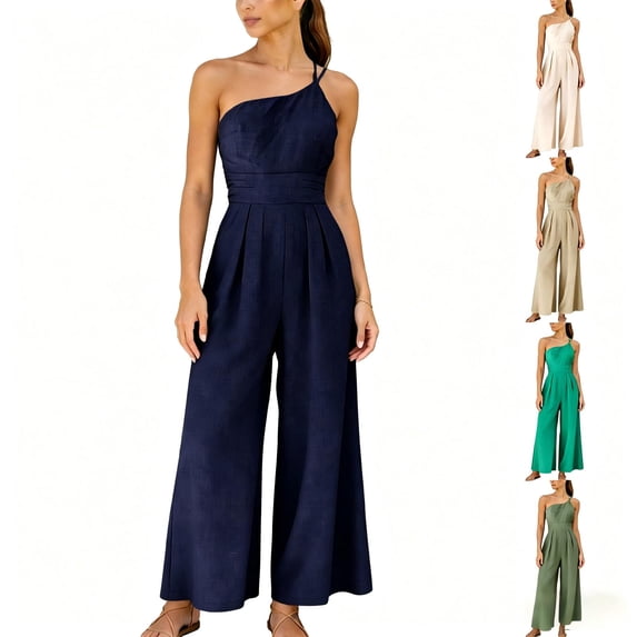 Tqcoqu Womens Summer Straps One Shoulder High Waist Dressy Casual Wide Leg Linen Jumpsuit Beach Travel Outfit,Beige,Women's S-XL