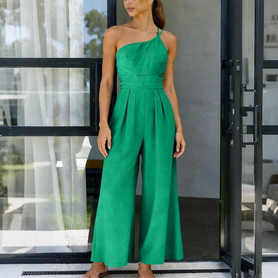 Tqcoqu Womens Summer Straps One Shoulder High Waist Dressy Casual Wide Leg Linen Jumpsuit Beach Travel Outfit,Green,Women's S-XL