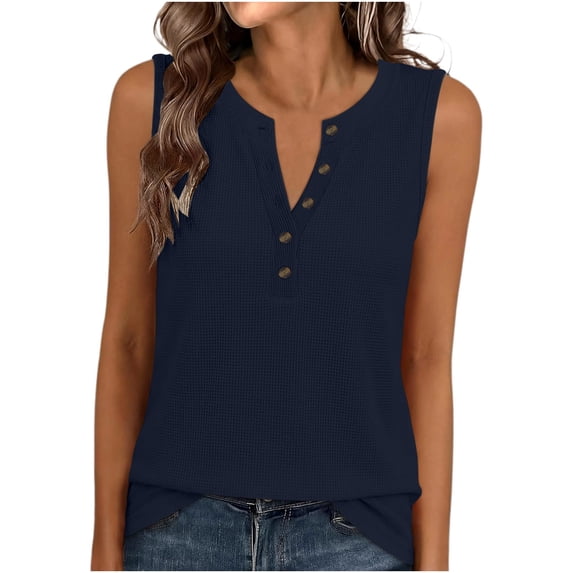 Tqcoqu Womens Tank Tops Waffle Knit Sleeveless Henley Shirts,2026 Summer Loose Button Up V Neck Dressy Casual Tops Clothes,Navy Women's S-XXL