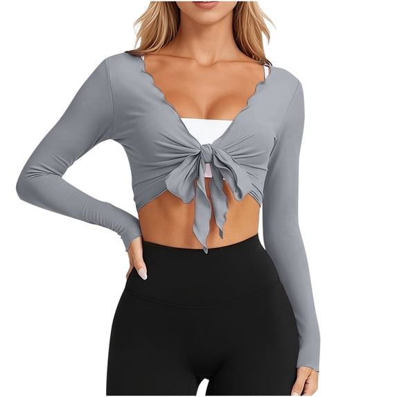 Tqcoqu Womens Tie Front Wrap Crop Tops,Long Sleeve Shrugs Cropped Shirts Yoga Cover Up Top Pilates Workout Outfits,Gray Women's S-XXL