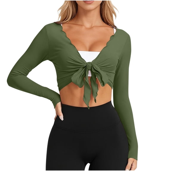 Tqcoqu Womens Tie Front Wrap Crop Tops,Long Sleeve Shrugs Cropped Shirts Yoga Cover Up Top Pilates Workout Outfits,Green Women's S-XXL