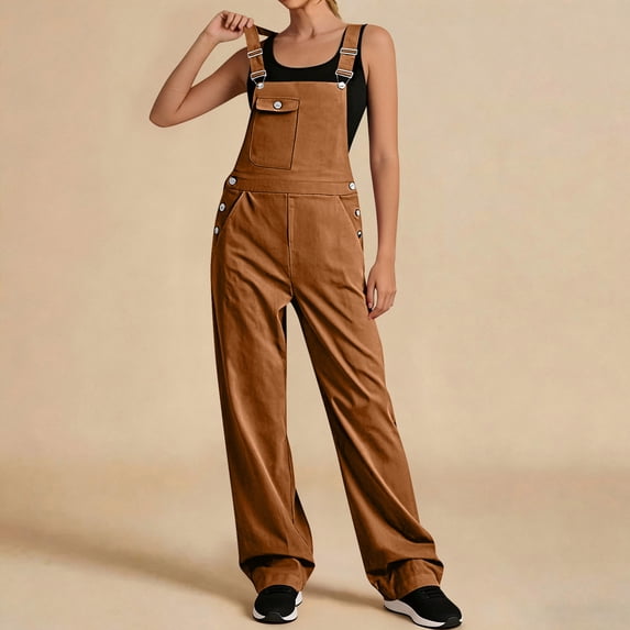 Tqcoqu Womens Wide Leg Jumpsuits Adjustable Strap Casual Loose Fit with Pockets,Coffee,Women's S-XXL