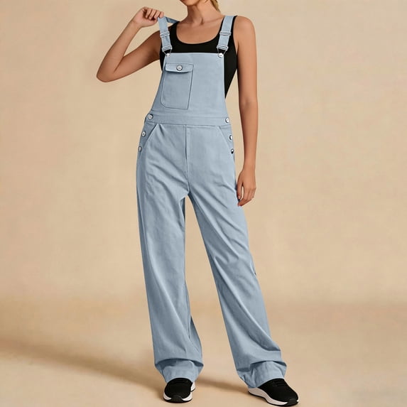Tqcoqu Womens Wide Leg Jumpsuits Adjustable Strap Casual Loose Fit with Pockets,Light Blue,Women's S-XXL
