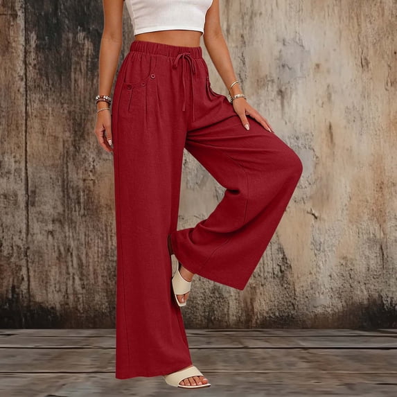Tqcoqu Womens Wide Leg Linen Palazzo Pants Casual Elastic Waist Drawstring Flowy Loose Beach Travel Trousers with Pockets,Red,Women's S-XXL