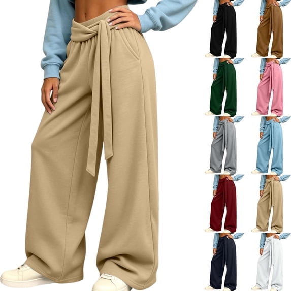 Tqcoqu Womens Wide Leg Palazzo Pants, Wrap Tie High Waisted Business Casual Flowy Long Trousers with Pockets,Women's S-XL