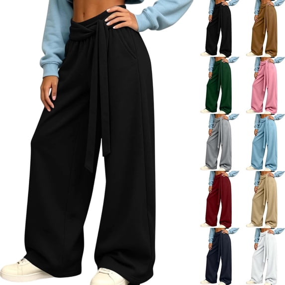 Tqcoqu Womens Wide Leg Palazzo Pants, Wrap Tie High Waisted Business Casual Flowy Long Trousers with Pockets,Women's S-XL