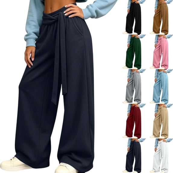 Tqcoqu Womens Wide Leg Palazzo Pants, Wrap Tie High Waisted Business Casual Flowy Long Trousers with Pockets,Women's S-XL