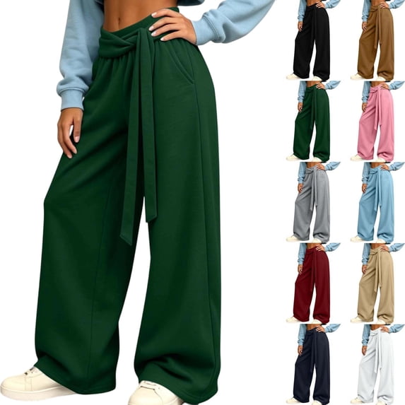 Tqcoqu Womens Wide Leg Palazzo Pants, Wrap Tie High Waisted Business Casual Flowy Long Trousers with Pockets,Women's S-XL