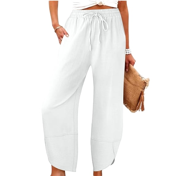 Tqcoqu Womens Wide Leg Pants Palazzo Casual Flowy Beach Vacation Cropped Summer Drawstring with Pockets,White,Women's S-XXL