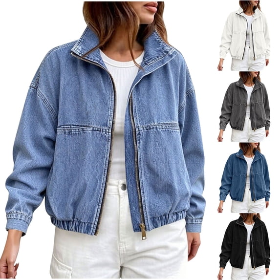 Tqcoqu Zip Up Stand Collar Denim Jacket for Women,Elastic Hem Long Sleeve Drop Shoulder Cropped Jean Bomber Coat Casual Outerwear,Light Blue Women's S-XXL