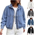 thumbnail image 1 of Tqcoqu Zip Up Stand Collar Denim Jacket for Women,Elastic Hem Long Sleeve Drop Shoulder Cropped Jean Bomber Coat Casual Outerwear,Black Women's S-XXL, 1 of 10