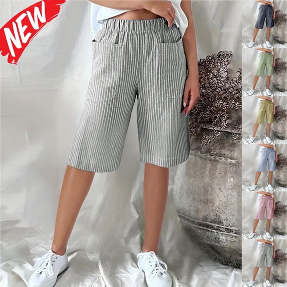 Tqyyweavej 14" Long Bermuda Shorts for Women Vintage Elastic Waist Stripe Shorts Pull-On Straight Leg Color Block Shorts with Pockets S-3XL