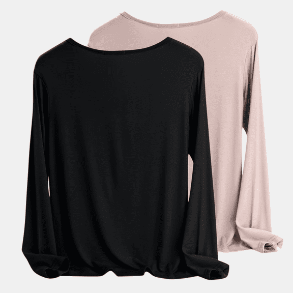 Tqyyweavej 2 Pack Women's Long Sleeve Shirts Modal Cotton V Neck Tunic Tops Casual Loose Fit Pullover Sweatshirts Curved Hem Shirts