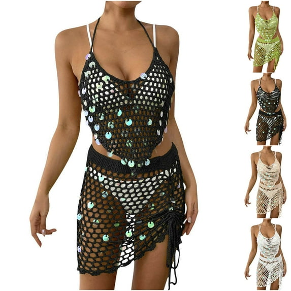 Tqyyweavej 2 Piece Bathing Suit Sparkly Coverup Sets for Women Halter Sleeveless Crop Tops Solid Color Drawstring