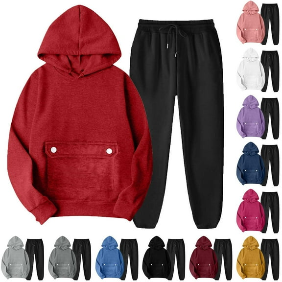 Tqyyweavej 2 Piece Sweat Sets for Women Hooded Pocket Long Sleeve Sweatshirt Black Elastic Bottom Lounge Sweatpants(L-3XL)