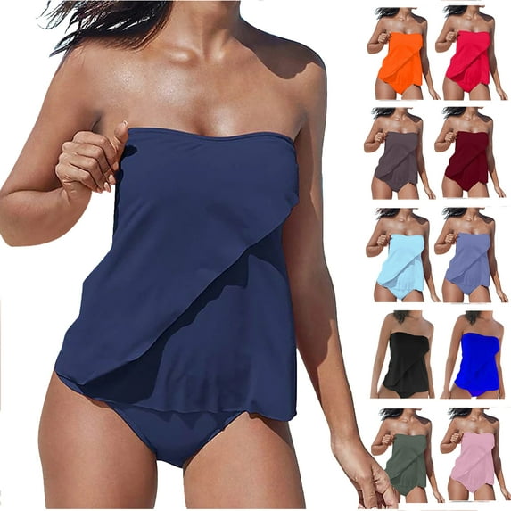 Tqyyweavej 2 Piece Tankini Swimsuits for Women Solid Color Loose Strapless Tops and Basic Tight Lounge Swim Bottoms Size S to 2XL