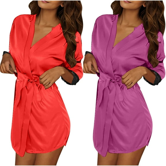 Tqyyweavej 2Pcs Women Kimono Robes Short Knit Bathrobe Lightweight Sexy Lace Sleepwear Soft Knee Length Loungewear