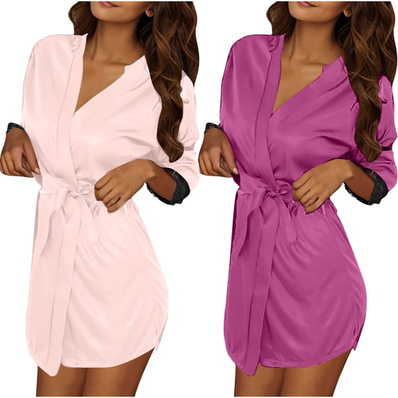 Tqyyweavej 2Pcs Women's Robe Lightweight Short Kimono Ice Silk Lace Sleepwear Soft Loungewear Casual Ladies Bathrobe Nightgown