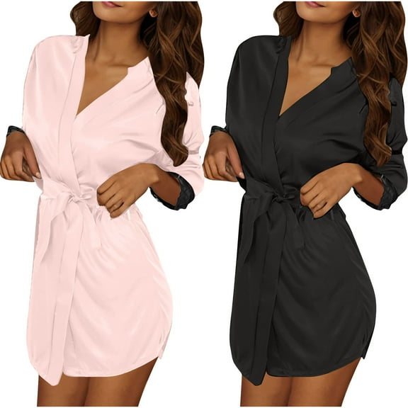 Tqyyweavej 2Pcs Women's Short Kimono Robe Ice Silky Sexy Lace Sleepwear Bathrobe Bride Bridesmaids Getting Ready Sleepwear Soft Nightgown