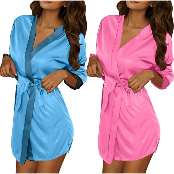 Tqyyweavej 2Pcs Women's Short Kimono Robe Ice Silky Sexy Lace Sleepwear Bathrobe Bride Getting Ready Sleepwear Soft Nightgown