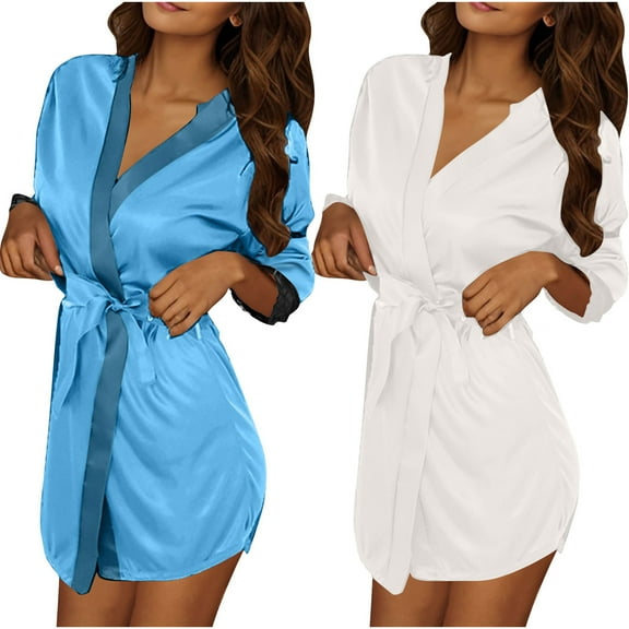 Tqyyweavej 2Pcs Women's Short Kimono Robe Ice Silky Sexy Lace Sleepwear Bathrobe Bride Getting Ready Sleepwear Soft Nightgown