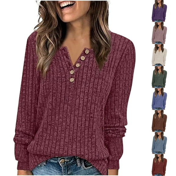 Tqyyweavej 3/4 length Sleeve Sweaters for Women Botton Down Casual Solid Color Blouses Fitted Fashion V Neck Henly Tops Tees S-2XL