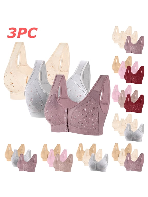 3 Pack Daisy Bras for Older Women Front Closure Full Coverage Push Up Bras Lightly Lined Cotton Wireless Bras S-4XL