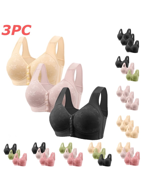 3 Pack Daisy Bras for Older Women Lightly Lined No Underwire Push Up Bras Full Coverage Seamless Cotton Front Closure Bras for Women