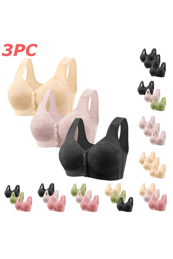 3 Pack Daisy Bras for Older Women Lightly Lined No Underwire Push Up Bras Full Coverage Seamless Cotton Front Closure Bras for Women