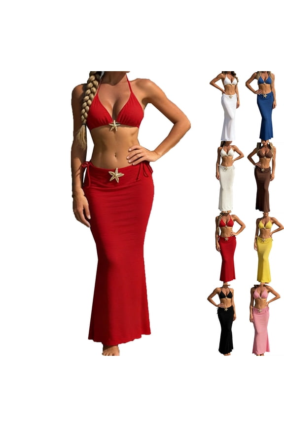 3 Piece Triangle Bikini Sets for Women Halter Pleated Starfish Metal Bikini Tops and Side Tied Solid Color Long Swim Skirt with Bathing Bottoms, Bra