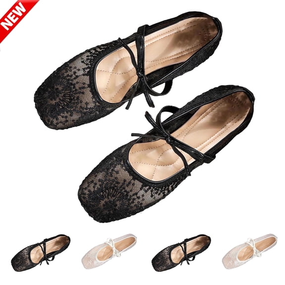 Tqyyweavej Ballet Flats Shoes for Women Lace Mesh Closed Solid Color Square Top Pumps Lace Up Elegant Mary June Flats Gifts for Women