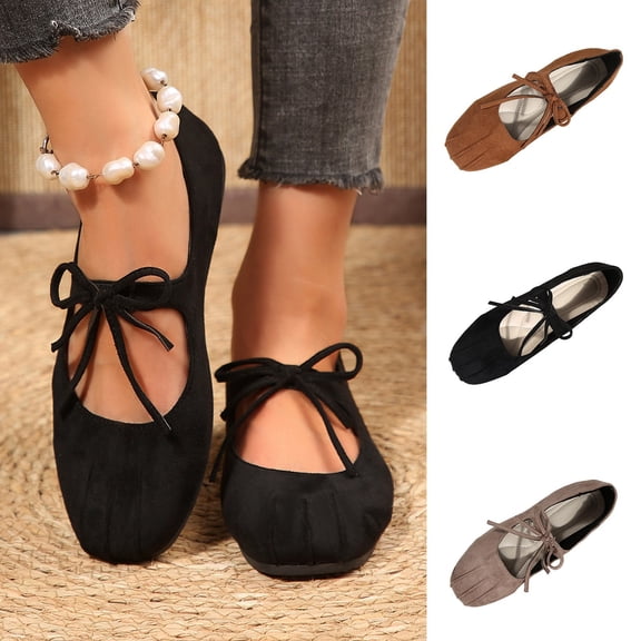 Tqyyweavej Ballet Flats for Women Square Toe Slip on Casual Mary Jane Ballerina Flats Faux Suede Versatile Closed Toe Flat Shoes with Bow