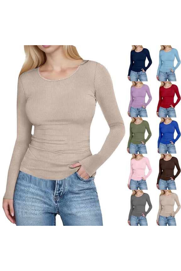 Basic Long Sleeve Shirts for Women Ribbed Slim Tunic T-shirts Crew Neck Fitted Casual Tops Tees Size S to 2XL