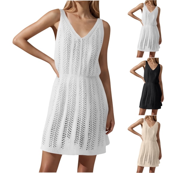 Tqyyweavej Beach Crochet Cover Up Solid Color Sleeveless Bathing Suits Vest Dresses V Neck Slim Casual Swimsuit Coverup for Women