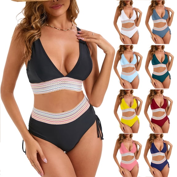 Tqyyweavej Bikini Sets for Women Strap Deep V Neck Color Block Swimwear Tops and Side Tied Tight High Waist Bikini Bottoms S-2XL