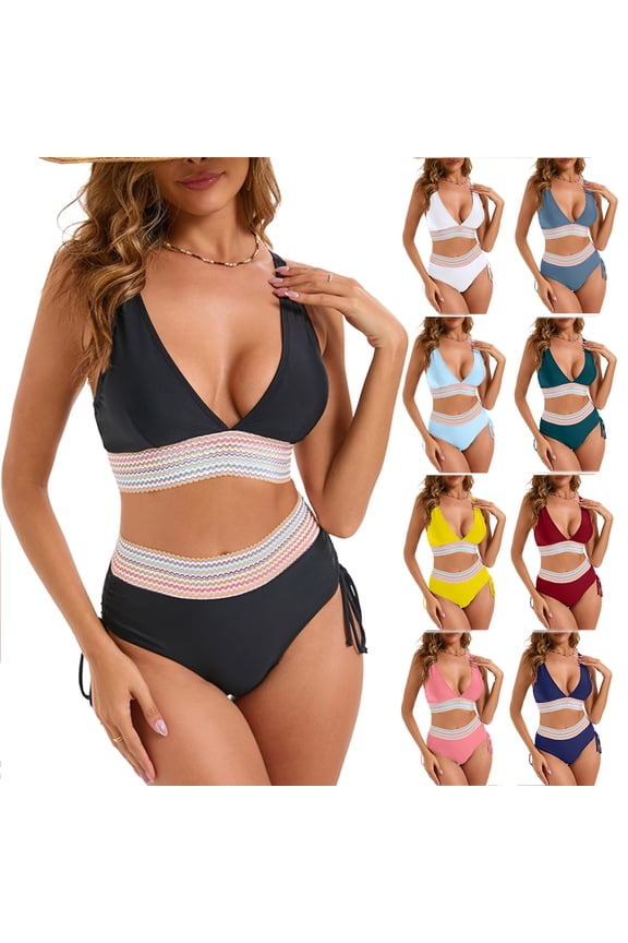 Bikini Sets for Women Strap Deep V Neck Color Block Swimwear Tops and Side Tied Tight High Waist Bikini Bottoms S-2XL