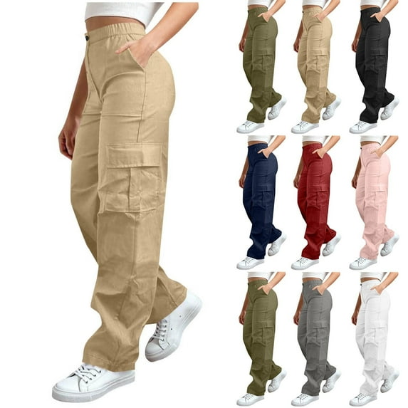 Tqyyweavej Cargo Pants for Women Straight Leg Solid Color Casual Athletic Trousers Zip Botton Wide Leg Pants with Pockets S-2XL
