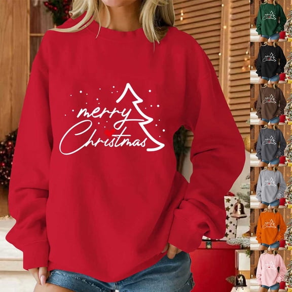 Tqyyweavej Christmas Shirts for Women Xmas Pattern Drop Shoulder T-shirt Solid Color Crewneck Sweatshirts for Women(S-2XL)