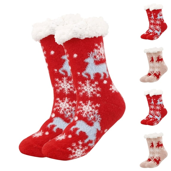 Tqyyweavej Christmas Socks for Women Fuzzy Socks Indoor Long and Short Pair Slippers Socks Cozy Non Slip Socks Christmas Gifts Red Sliver Elk