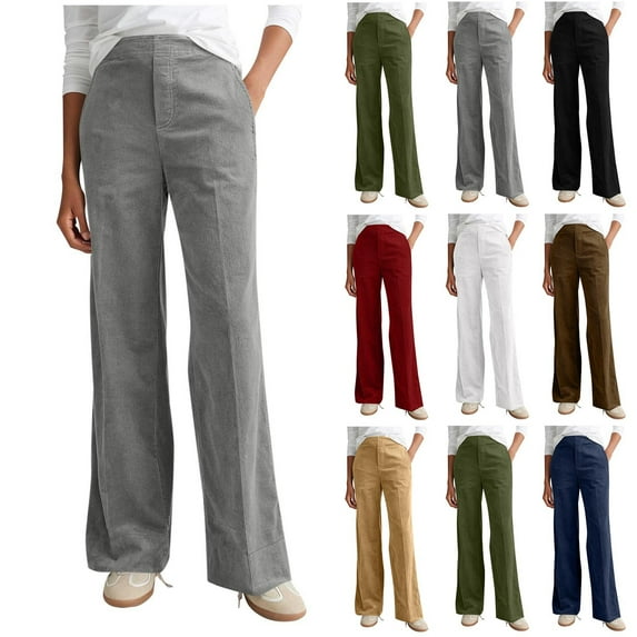 Tqyyweavej Corduroy Pants for Women Wide Leg Casual Solid Color Slacks Trousers Straight Leg Baggy Pants with Pockets Size S to 2XL