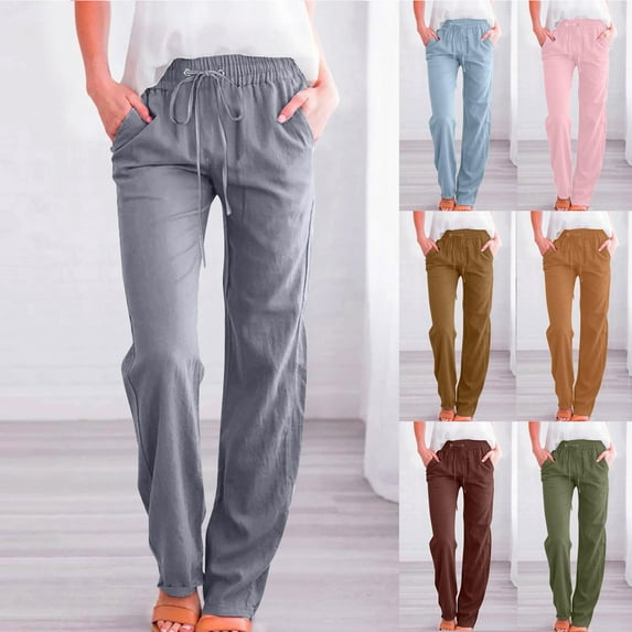 Tqyyweavej Cotton Linen Palazzo Pants for Women Solid Color Drawstring Lounge Trousers Straight Leg Pull-On Pants with Pockets