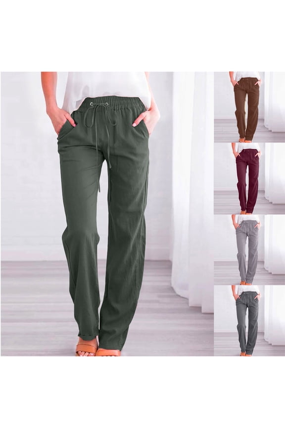 Cotton Linen Trousers for Women Drawstring Baggy Wide Leg Palazzo Pants Straight Leg Solid Color Pull-On Pants with Pockets