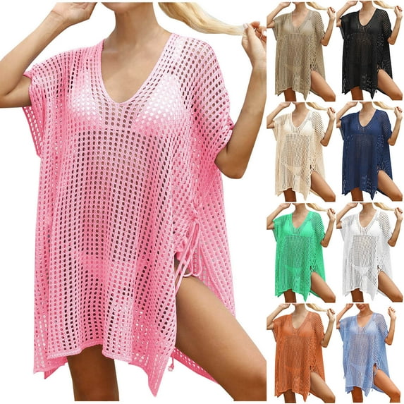 Tqyyweavej Crochet Cover Ups for Swimwear Women Drawstring Solid Color Short Sleeve Beach Cover Up Free Size Loose V Neck Popular Swimsuits Coverups