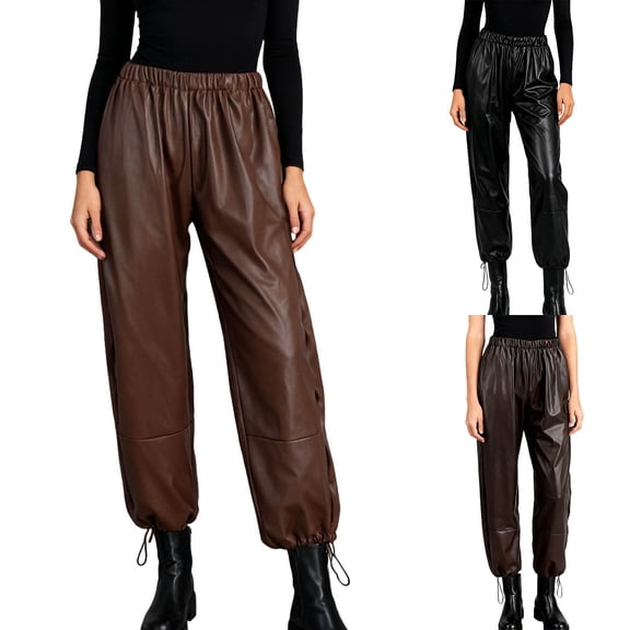 Tqyyweavej Faux Leather Pants for Women High Waist Elastic Waist Casual PU Trousers Drawstring Solid Color Wide Leg Pants Size S to L