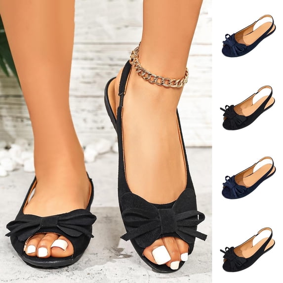 Tqyyweavej Flat Sandals for Women Faux Suede Open Peep Toe Elastic Ankle Strap Bow Sandals Slip On Versatile Solid Color Dressy Sandals Gifts for Women