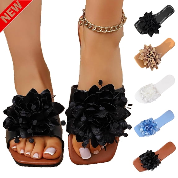 Tqyyweavej Flat Sandals for Women 3D Flower Solid Color Sandals Open Peep Toe Slip On Versatile Dressy Sandals, Gifts for Women 36-43
