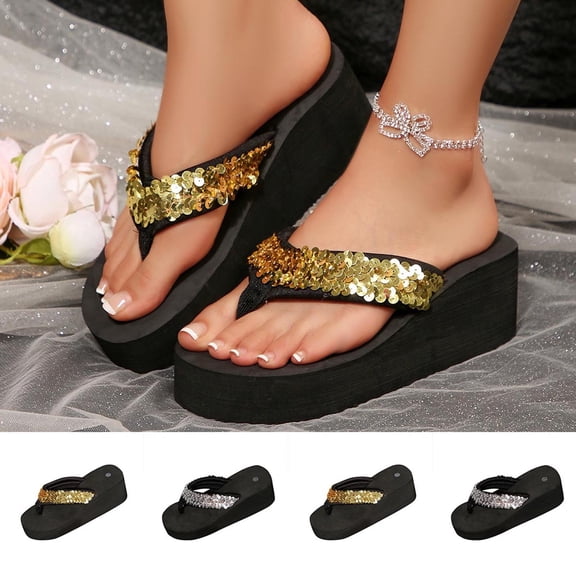 Tqyyweavej Flip Flogs for Women Glitter Oversized Slip On Boho Thong Sandals Sparkly Open Toe Platform Wedge Sandals Size 36 to 43