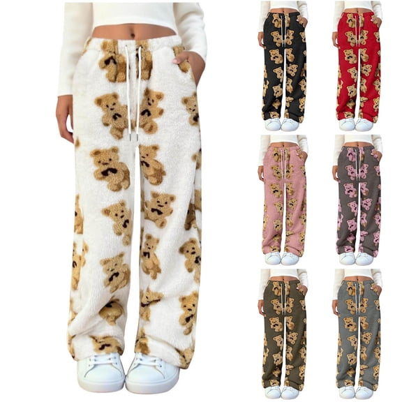 Tqyyweavej Fuzzy Plush Pajama Pants for Women Cute Bear Pattern Drawstring Color Block Pj Trousers Straight Leg Casual Pants with Pockets
