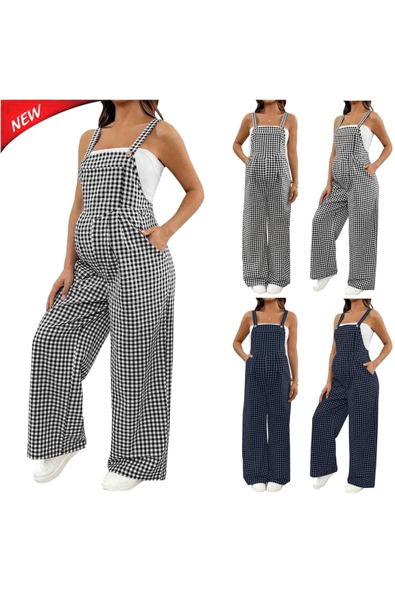Gingham Maternity Jumpsuits for Women Plaid Sleeveless Wide Leg Pants Adjustable Overalls with Pockets, Gifts for Women