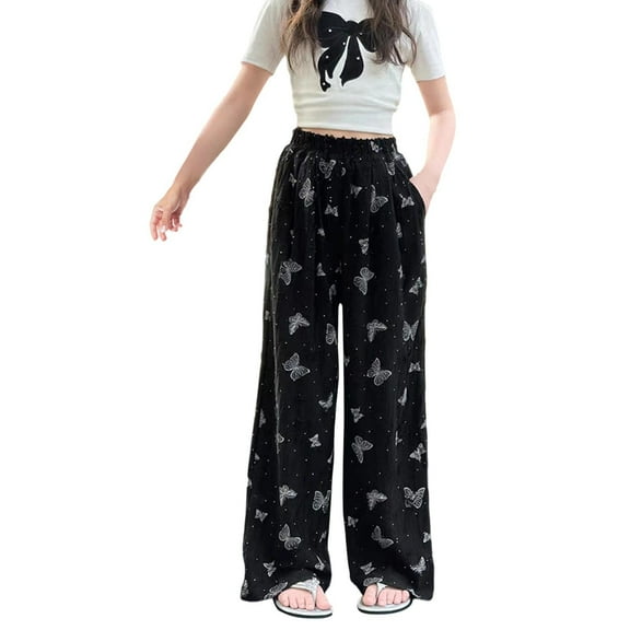 Tqyyweavej Girls Casual Pants Loose Fit Straight Leg Printed Lounge Pants Kids High Waisted Lightweight Pant 6-16Y